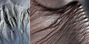 Figure 1: Examples of Martian Gullies. Until recently they were thought to have been sculpted by flowing liquid water, but they may result from defrosting dry ice processes at the end of winter. On the right, gullies on dunes in Russel Crater (54.3°S-12.9°E) are partially covered by CO2 ice. On the left, sinous gullies in a Crater in Newton Basin (41°S-202°E)