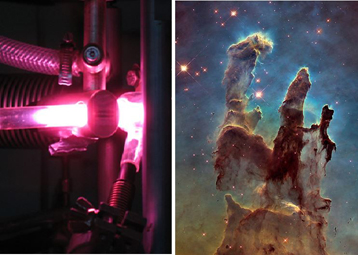 Ultraviolet processing of pre-cometary ices (left) reproduces the natural evolution of interstellar ices observed in molecular clouds (right, the 'Pillars of Creation'), leading to the formation of sugar molecules.